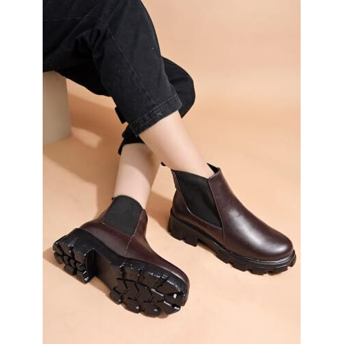 Women's Chunky Chelsea Boots  Brown Ankle Booties With Lug Sole, Slip-On Elastic Side Panels, Stylish Fall/Winter Footwear Eu39