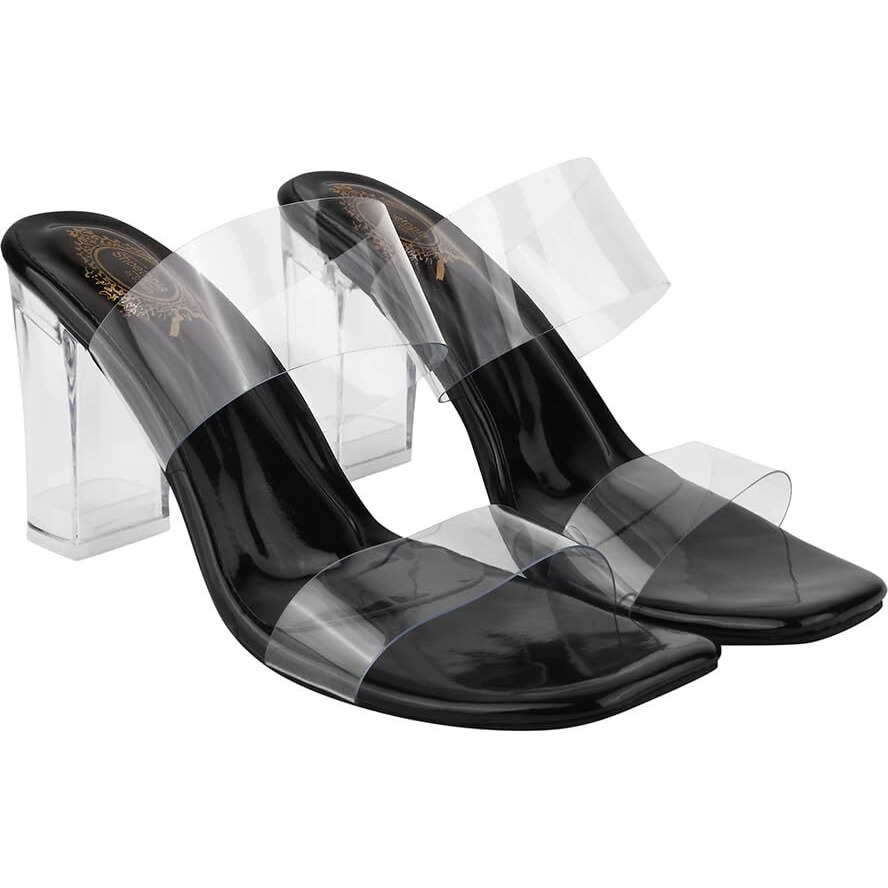 Shoetopia Stylish Trasparent Detailed Black Block Heels For Women & Girls /Eu39