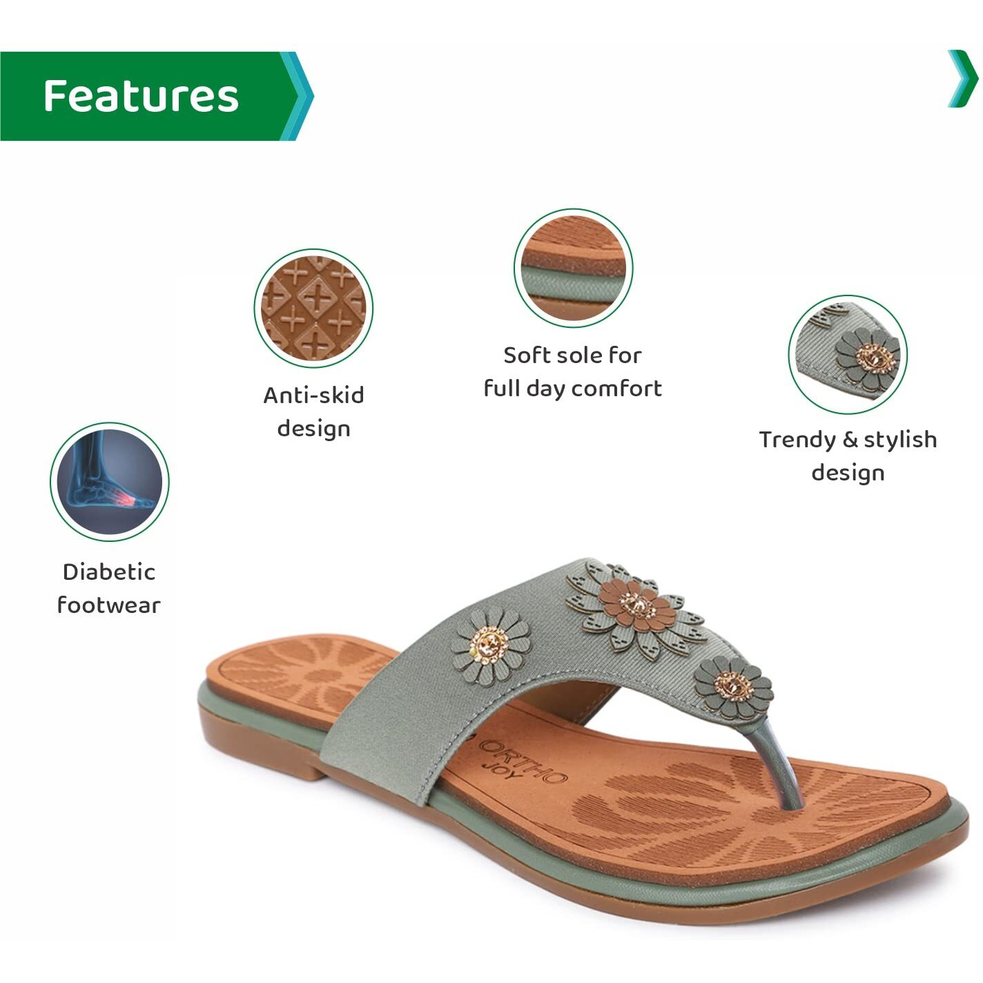 Ortho Joy Extra-Soft Doctor Slippers For Women Green Color
