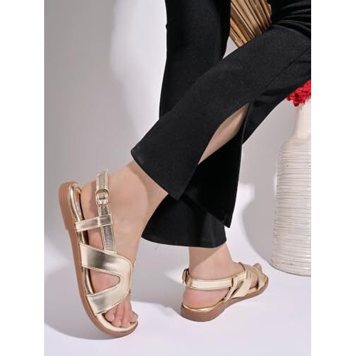 Shoetopia Women's Snd-190 Flat Sandal-6 Kids Uk (Snd-190-Golden)-Eu39
