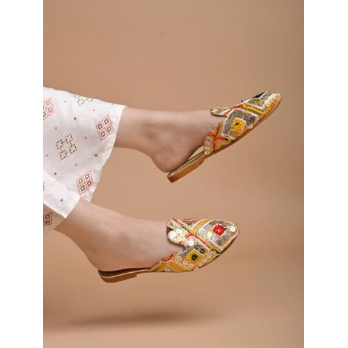 Shoetopia Women's Multicolor Embroidered Traditional Slip-On Mules  Ethnic Jutti Style Flats With Mirror Work, Gold Base