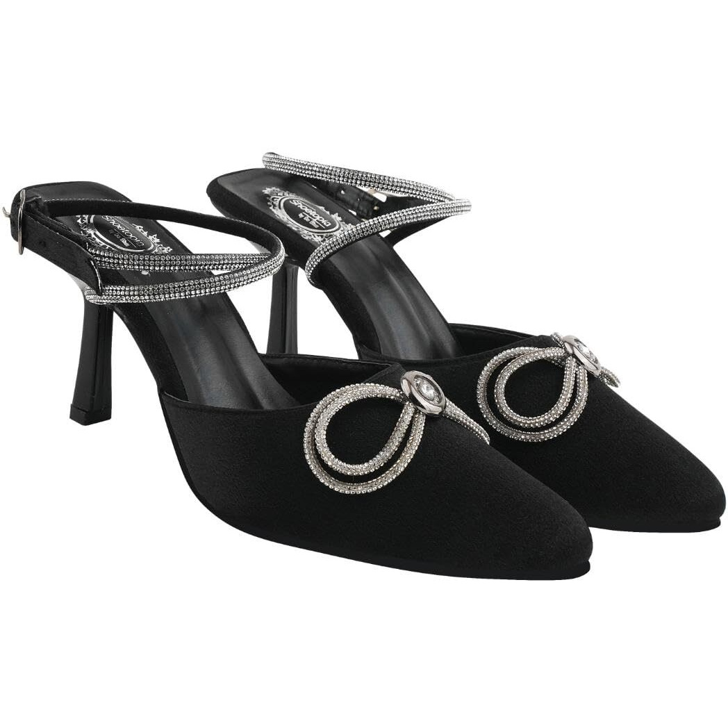Women's Black Satin High Heel Sandals Pointed Toe Party Heels With Rhinestone Bow & Ankle Strap  Elegant Stilettos For Weddings & Events Eu35