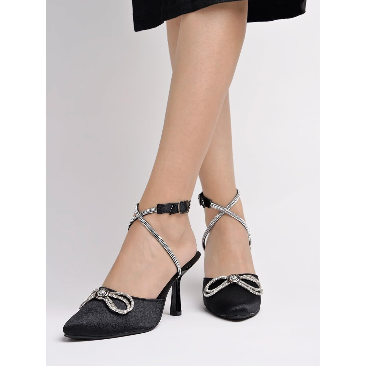 Women's Black Satin High Heel Sandals Pointed Toe Party Heels With Rhinestone Bow & Ankle Strap  Elegant Stilettos For Weddings & Events Eu35