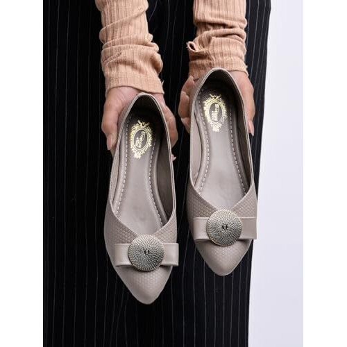 Shoetopia Women's Grey Ballet Flats  Textured Slip-On Bellies With Decorative Bow & Gold Button | Elegant Casual & Office Eu36