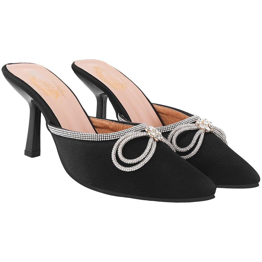 Shoetopia Women's Black Elegant Ivory Satin Mule Heels With Crystal Bow  Pointed Toe Slip-On Dress Rhinestone For Party Or Evening Events Eu36