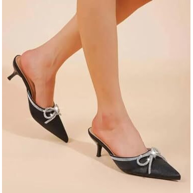 Shoetopia Women's Black Elegant Ivory Satin Mule Heels With Crystal Bow  Pointed Toe Slip-On Dress Rhinestone For Party Or Evening Events Eu36