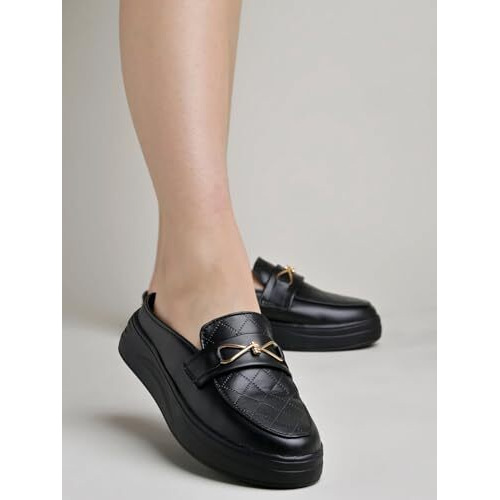 Women's Quilted Slip-On Loafer Mules With Gold Chain Detail  Casual Comfort Platform Backless Shoes Black-Eu37