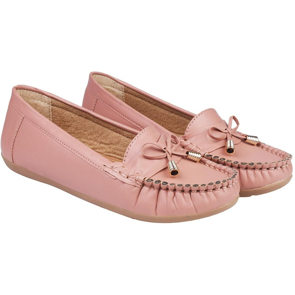 Shoetopia Women's Block Heel Loafers Peach (3 Uk)