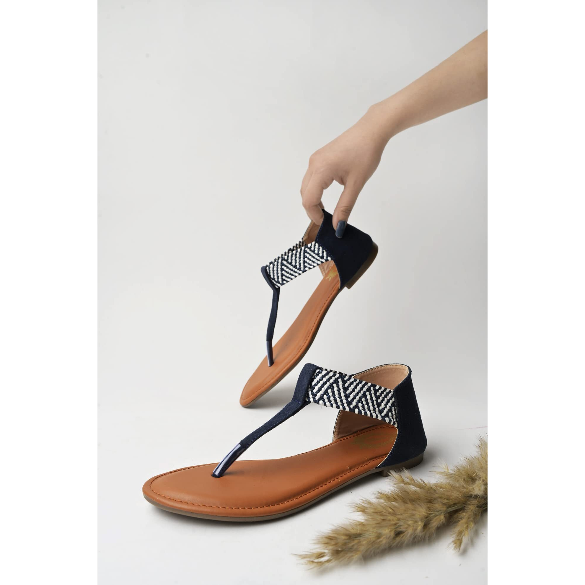 Shoetopia Stylish Ethnic Blue Flat Sandals For Women & Girls /Uk8