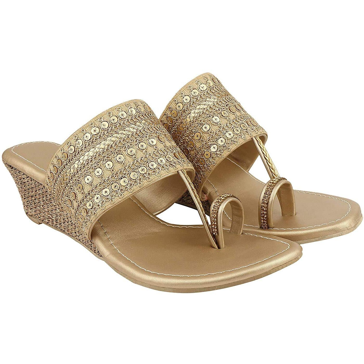 Shoetopia Women's & Girl's Golden Embellished Wedge Sandals