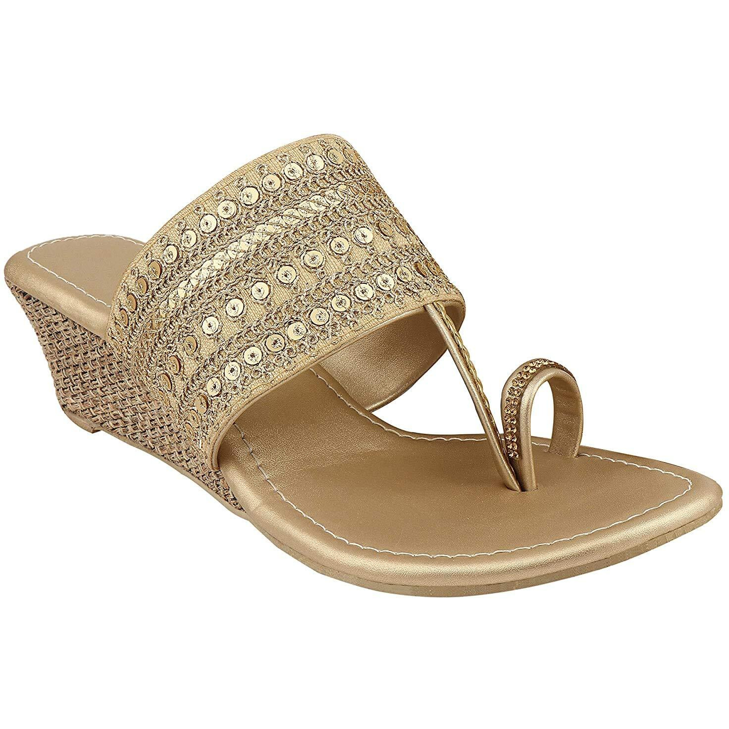 Shoetopia Women's & Girl's Golden Embellished Wedge Sandals