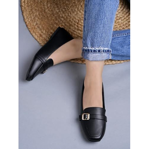 Shoetopai Women's Black Classic Loafer Belly Shoes With Buckle Detail  Comfortable Slip-On Flats For Office & Daily Eu39