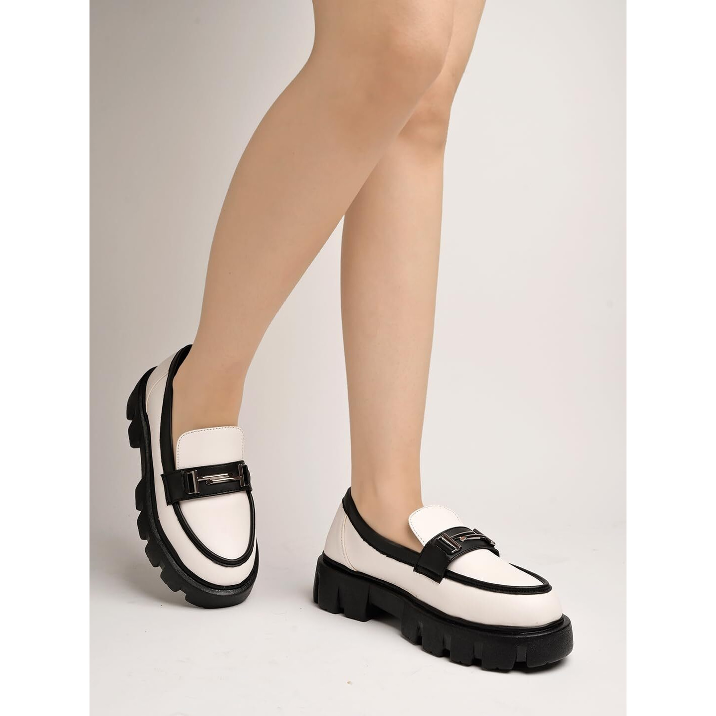 Shoetopia Front Buckle Detailed White Loafers For Women & Girls /Uk8-Eu41