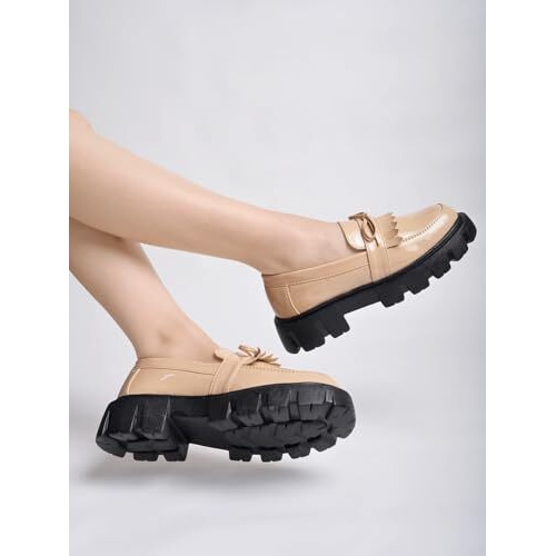 Shoetopia Front Tie Detailed Beige Loafers For Women & Girls /Uk8-Eu41