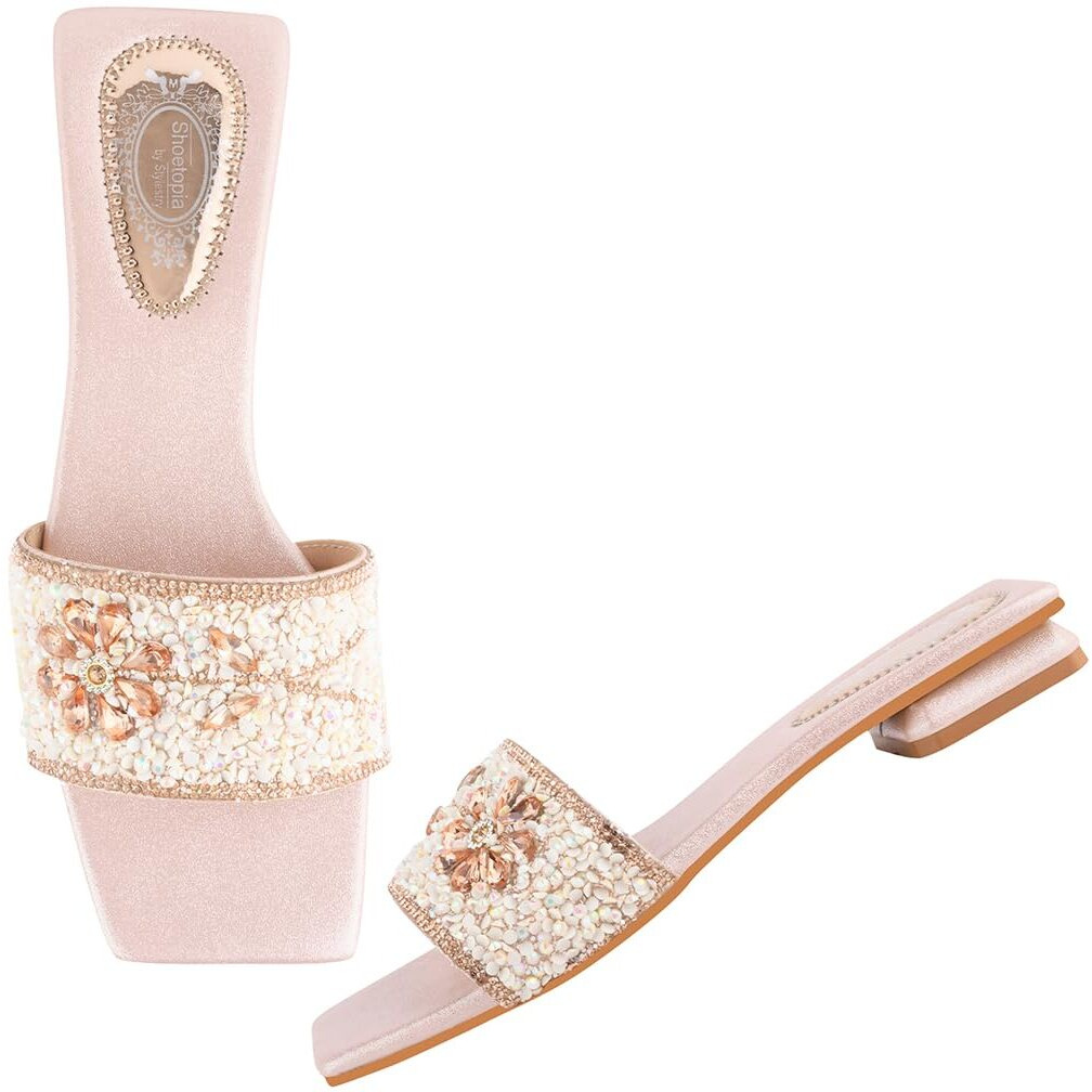 Shoetopia Women's Block Flat Heel Sandal,5 Uk,Rose-Gold