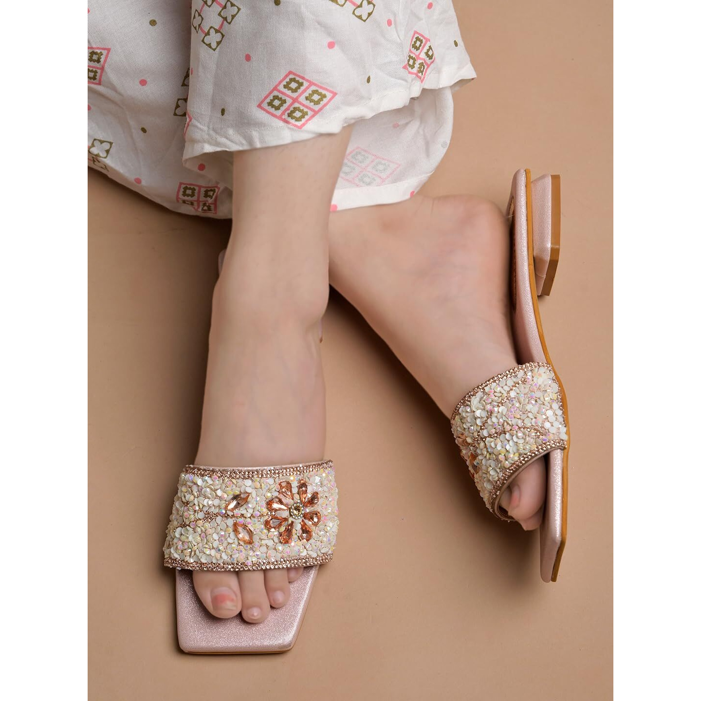 Shoetopia Women's Block Flat Heel Sandal,5 Uk,Rose-Gold