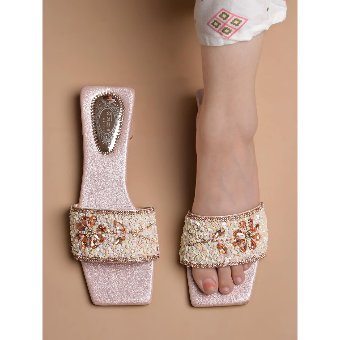 Shoetopia Women's Block Flat Heel Sandal,5 Uk,Rose-Gold