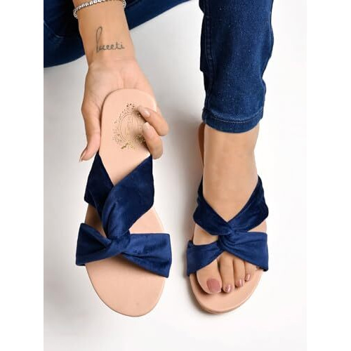 Shoetopia Girls Blue Flat Slide Sandals  Soft Suede Knot Strap Casual Summer Slip-Ons For Everyday Comfort Stylish, |Footwear Lightweight| Durable Design Perfect For Casual Outings Women Eu41