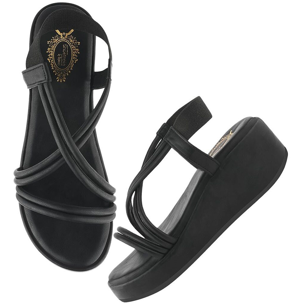 Shoetopia Womens & Girls Black Wedges Sandal  Solid Criss-Cross Strap Design  Stylish, Comfortable, Durable Heels  Perfect For Casual, Party Eu36