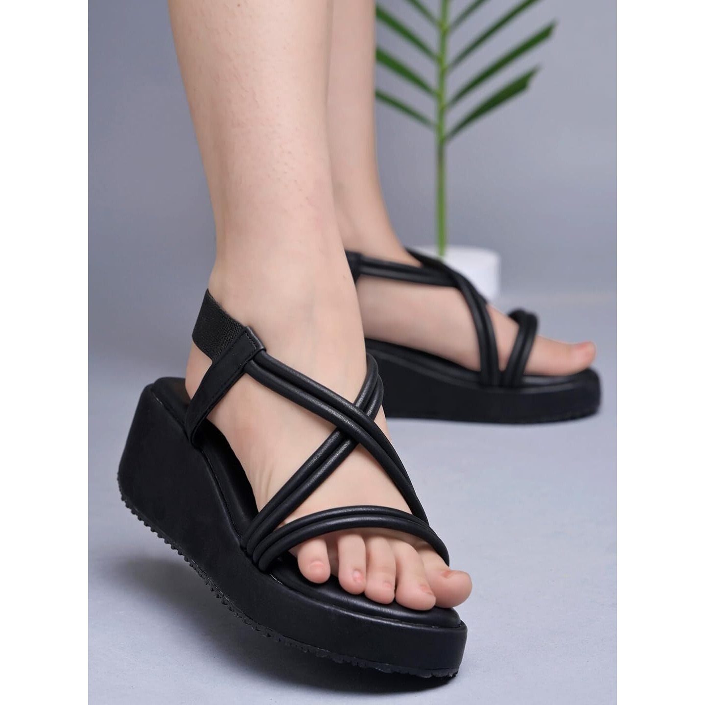 Shoetopia Womens & Girls Black Wedges Sandal  Solid Criss-Cross Strap Design  Stylish, Comfortable, Durable Heels  Perfect For Casual, Party Eu36