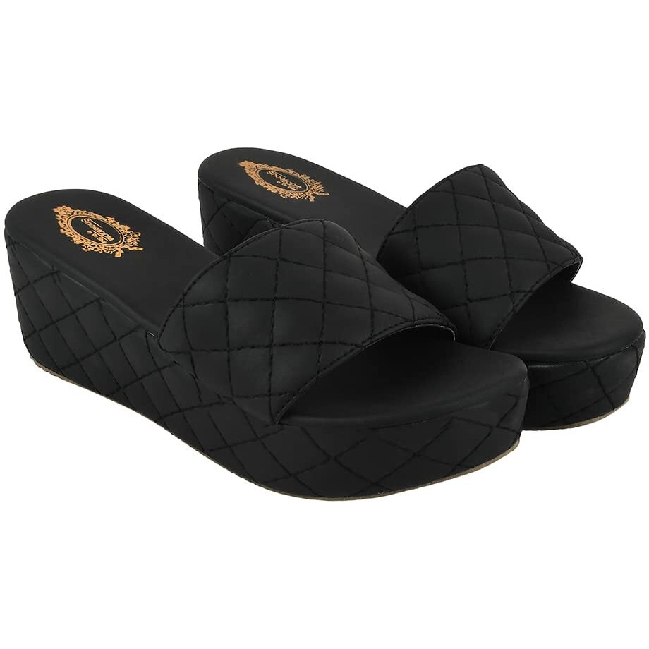 Shoetopia Stylish Quilted Stitching Black Platform Heels For Women & Girls /Uk3