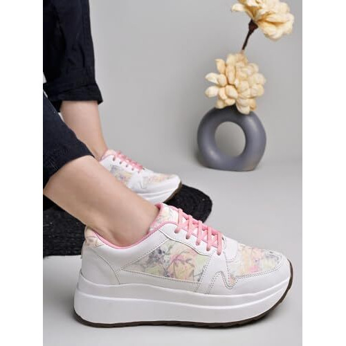 Shoetopia Women's Block Heel Sneakers Pink