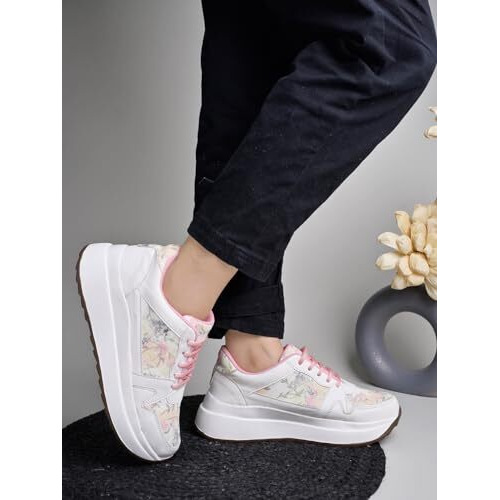 Shoetopia Women's Block Heel Sneakers Pink