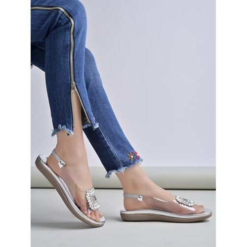 Shoetopia Embellished Silver Flat Classic Sandals For Women & Girls, Size_8-Eu41 /Uk8