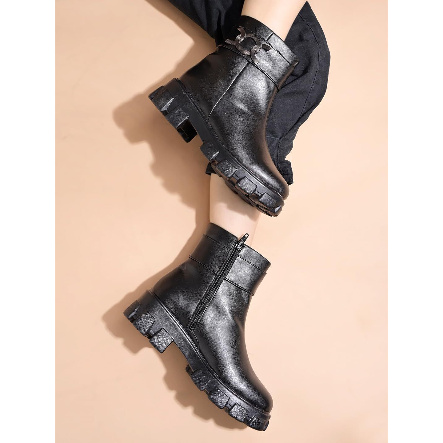 Shoetopia Casual Side Buckle Detailed Black Boots For Women & Girls /Eu38