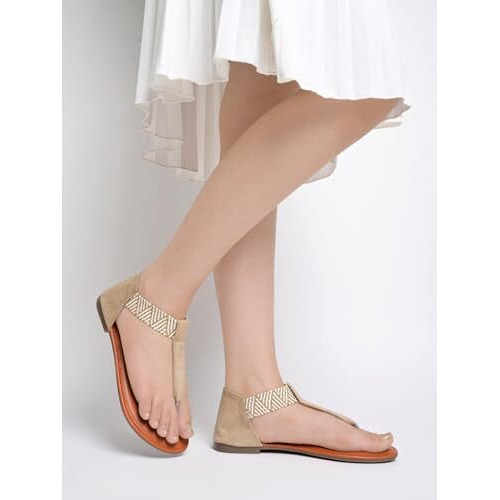Shoetopia Women's Ethnic Style T-Strap Sandals Cream Chevron Ankle Strap Flats For Casual & Festive Comfortable & Stylish Party Eu36