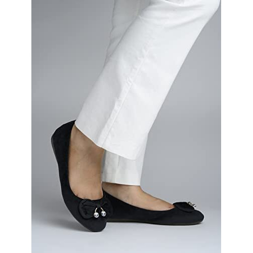Shoetopai Women's Black Velvet Ballerina Flats With Bow & Pearl Detail  Elegant Slip-On Belly Shoes For Casual & Party Eu38