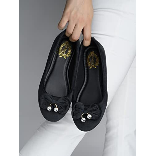 Shoetopai Women's Black Velvet Ballerina Flats With Bow & Pearl Detail  Elegant Slip-On Belly Shoes For Casual & Party Eu38