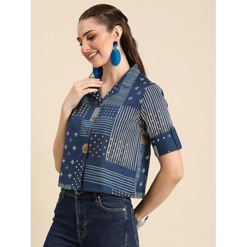 Toplot Crop Shirt For Women With Collared V Neck (Crop-Shirt-5153-Navy-Xl)