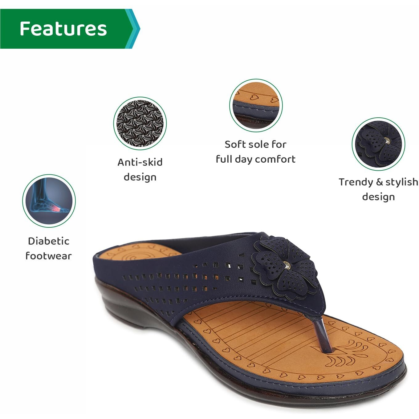 Ortho Joy Women's Doctor Orthopedic Soft Slippers - Navy Blue