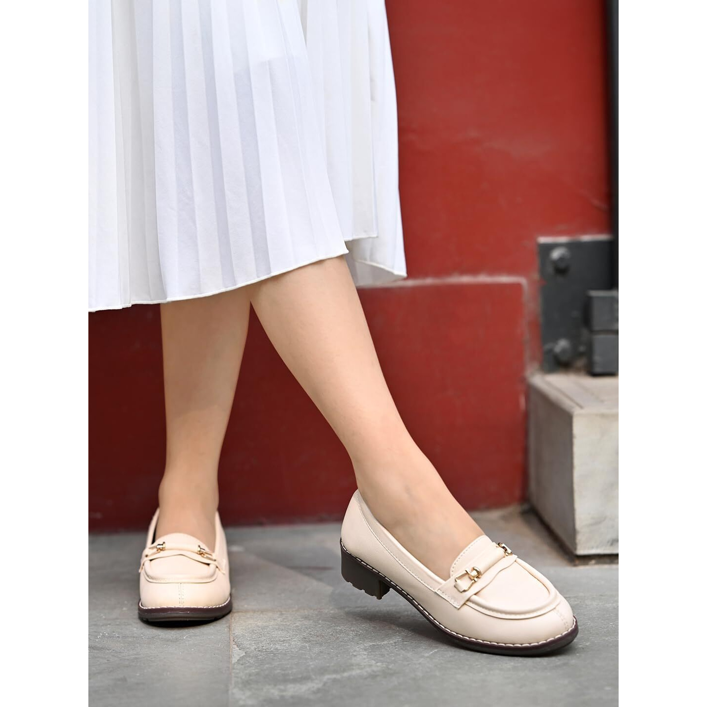 Shoetopia Upper Buckle Detailed Cream Loafers For Girls & Gilrs-Eu39
