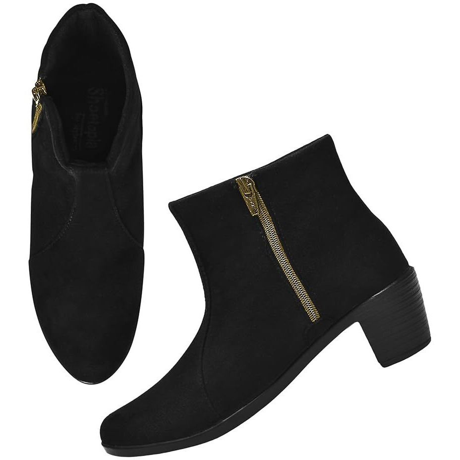 Shoetopai Women's Black Ankle Boots  Suede Finish With Block Heel And Side Zipper | Stylish Winter Casual Booties Eu36