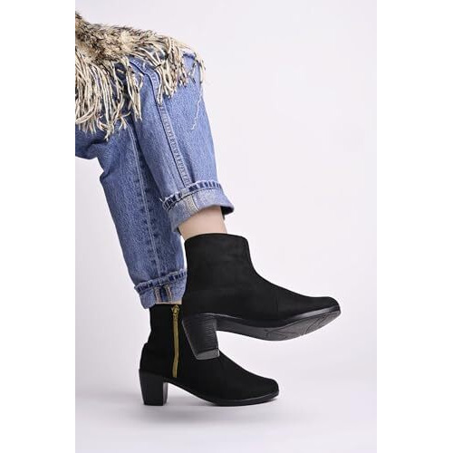 Shoetopai Women's Black Ankle Boots  Suede Finish With Block Heel And Side Zipper | Stylish Winter Casual Booties Eu36