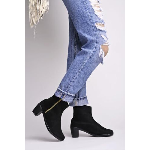 Shoetopai Women's Black Ankle Boots  Suede Finish With Block Heel And Side Zipper | Stylish Winter Casual Booties Eu36