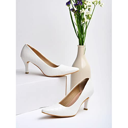 Shoetopia Women's Block Heel Pumps White, 2 Uk