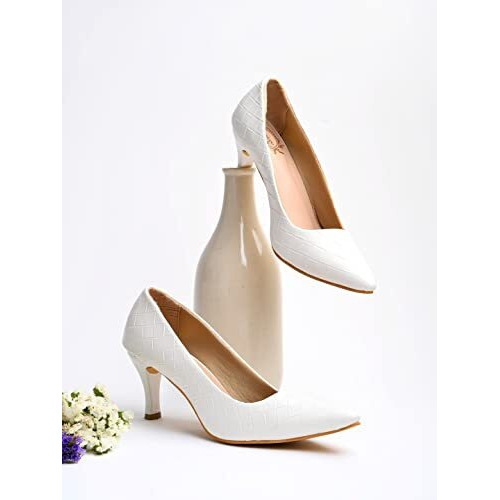 Shoetopia Women's Block Heel Pumps White, 2 Uk
