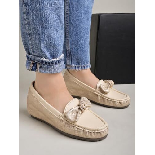 Shoetopia Upper Bow Detailed Cream Loafers For Women /Eu41