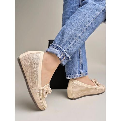 Shoetopia Upper Bow Detailed Cream Loafers For Women /Eu41