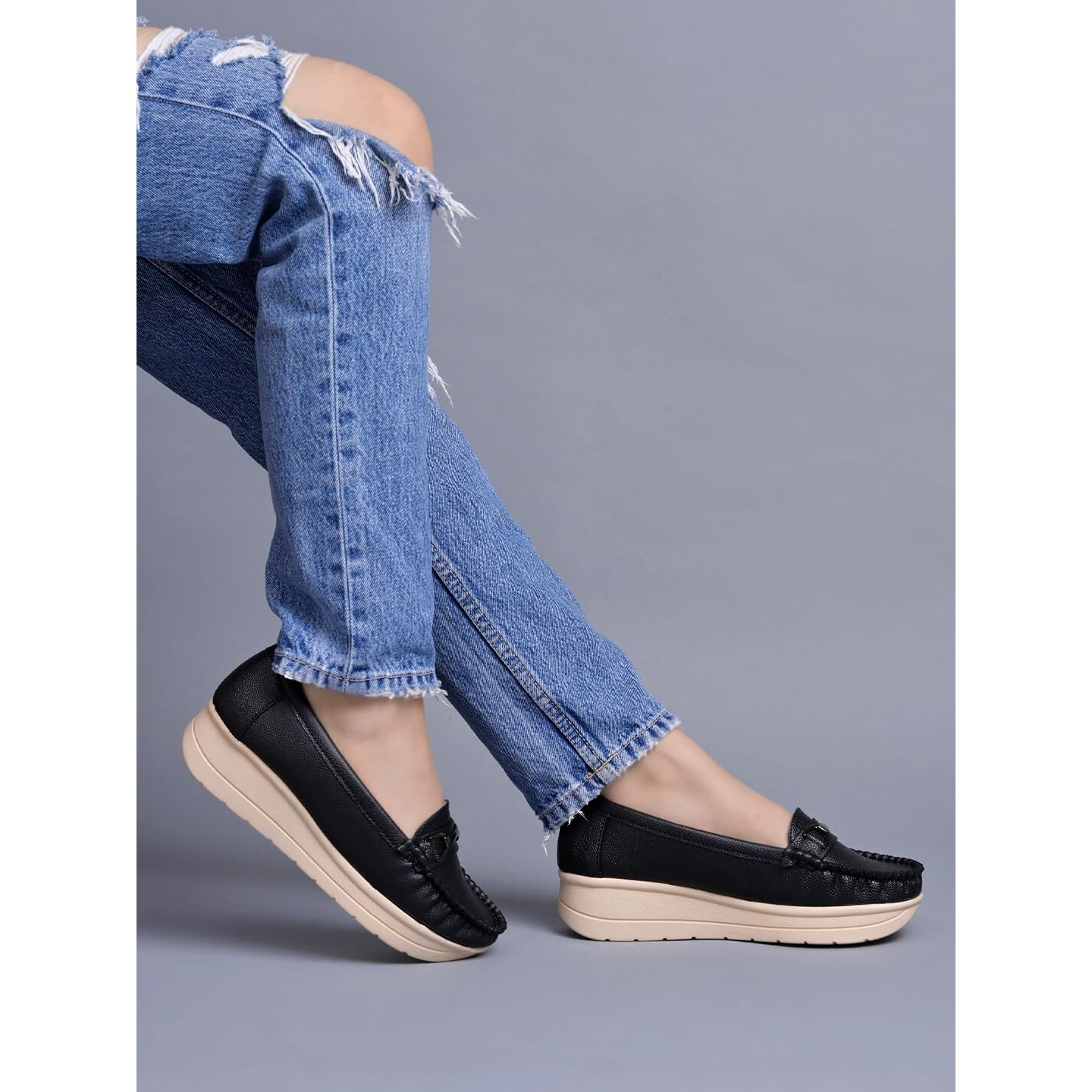 Shoetopai Women's Black Comfort Loafers  Soft Faux Leather Slip-On Shoes With Cushioned Sole, Casual Footwear Eu41