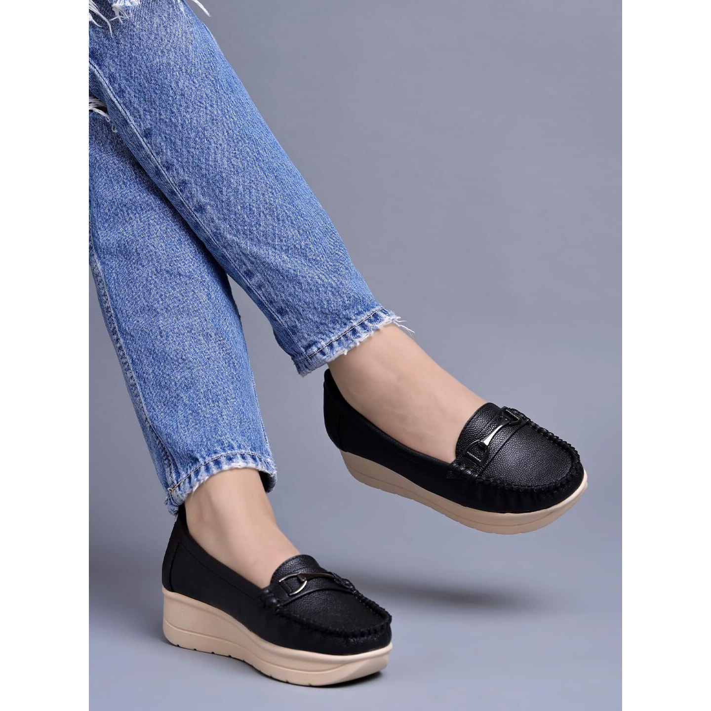 Shoetopai Women's Black Comfort Loafers  Soft Faux Leather Slip-On Shoes With Cushioned Sole, Casual Footwear Eu41