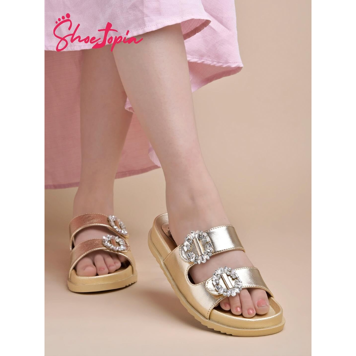 Shoetopia Women's Flat Sandal-5 Kids Uk (Chamkila-Golden)-Eu38