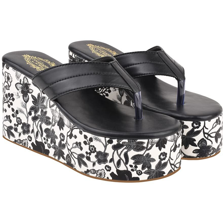 Shoetopia Floral Printed Heel Detailed Black Wedges For Women & Girls /Uk8