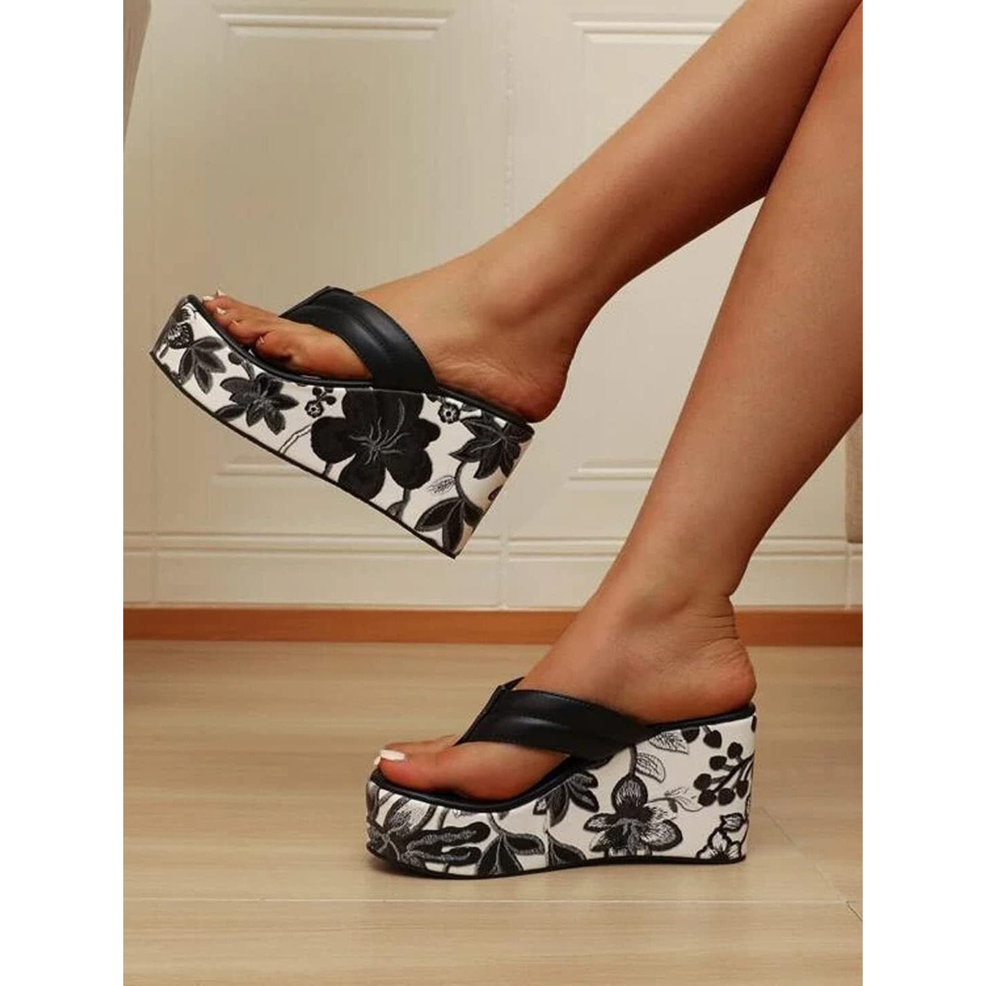 Shoetopia Floral Printed Heel Detailed Black Wedges For Women & Girls /Uk8