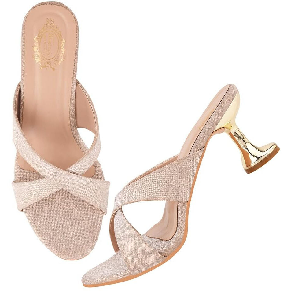 Shoetopia Embellished Golden Sparkle Block Heeled Sandals For Women & Girls /Eu36