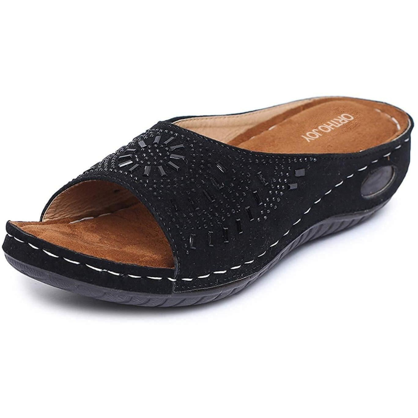 Ortho Joy Women's Black Faux Leather Slipper - 4 Uk