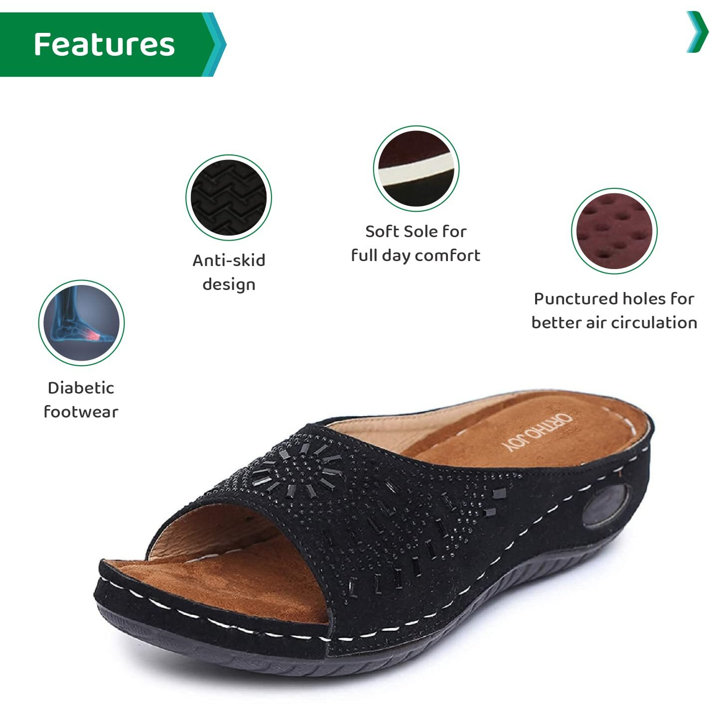 Ortho Joy Women's Black Faux Leather Slipper - 4 Uk